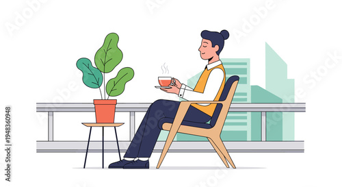 Man sits in wooden chair, holding tea, with plant and city in background.