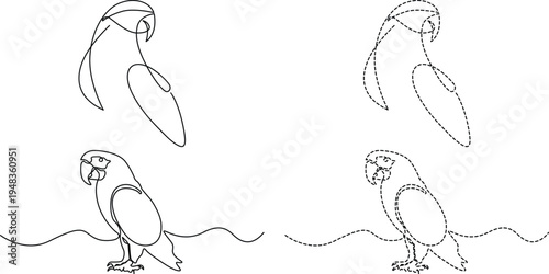 A minimalist set of parrot illustrations featuring continuous line and dashed line art styles Vector