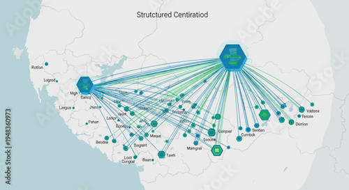 Map showing network with hexagonal hubs and circular nodes by radiating lines.