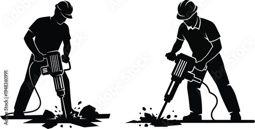 Construction worker silhouette operating heavy machinery for building and excavation