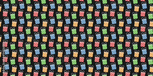 Repeating pattern of multi colored striped present boxes for any holiday decor.
