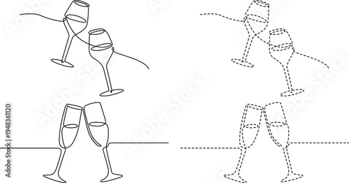 Minimalist continuous line art illustrations of two champagne glasses clinking for a celebration Vector