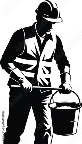 Construction worker silhouette holding bucket and trowel
