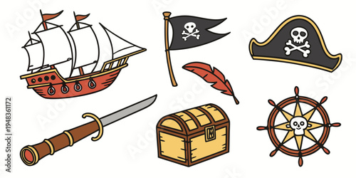 a collection of pirate themed items including a ship and treasure Vector