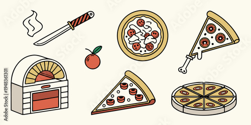 a collection of pizza slices and a pizza oven Vector