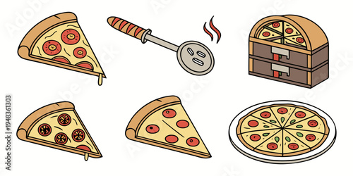 a collection of pizza slices and a pizza in a box Vector