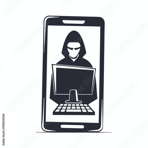 Hacker silhouette in smartphone screen, representing cybercrime and digital security