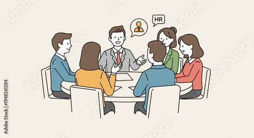 Six cartoon people, three men and three women, are seated around a round white table discussing human resources in a plain beige room.