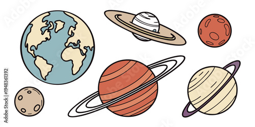 a group of cartoon planets and a moon in the solar system Vector