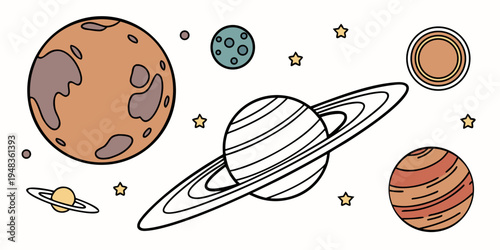 a drawing of planets and a spaceship in outer space Vector