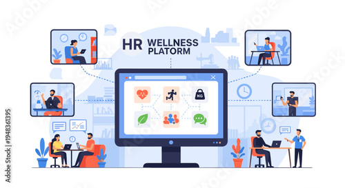A central computer monitor displays an HR Wellness Platform with icons, surrounded by five smaller screens showing people working, against a cityscape.