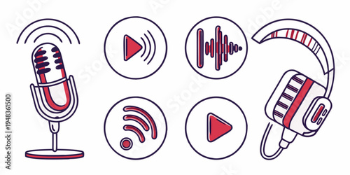 podcast equipment icons with microphone and headphones Vector
