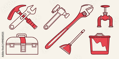 a set of red tools and equipment for plumbing and construction work Vector