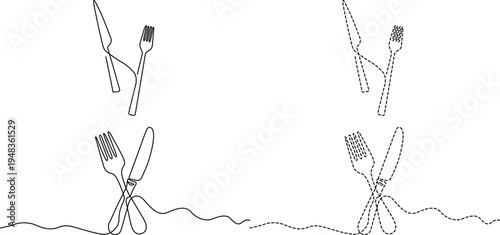 Minimalist continuous line art illustrations of a fork and knife set in solid and dashed styles Vector