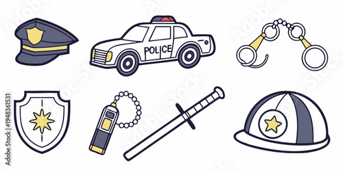 law enforcement icons including police car and officer gear Vector