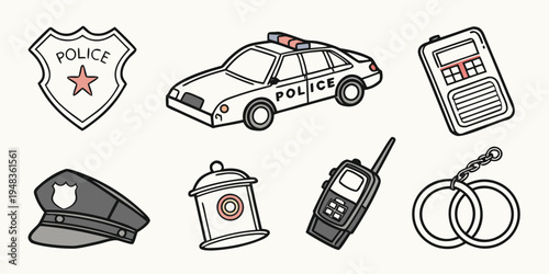 police station icons with car badge and equipment Vector
