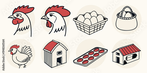 a set of icons related to chickens and eggs Vector