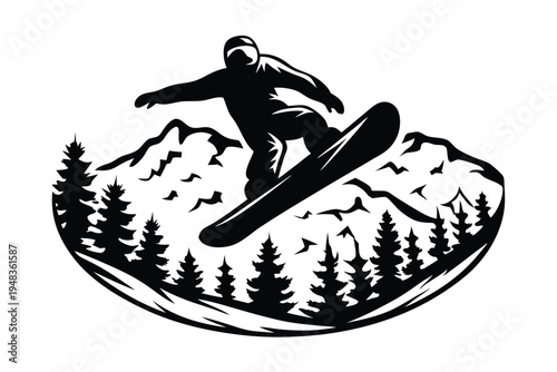 Dynamic snowboarder jumping, silhouette in mid-air, representing freedom and winter sports