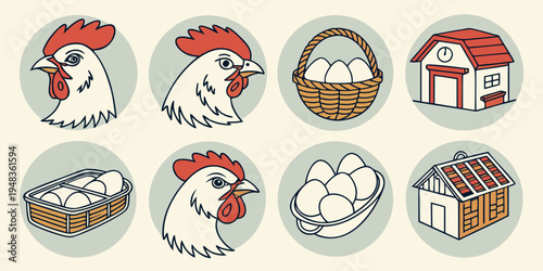 a set of icons depicting farm animals and food Vector