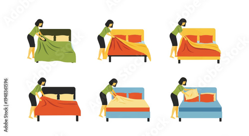 Woman making bed with colorful bedding vector illustration