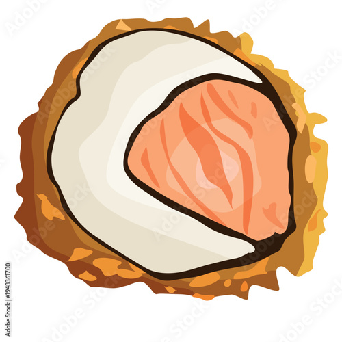 Fried tempura sushi roll with salmon and cream cheese isolated on white background. Minimalist vector of Japanese crunchy maki for restaurant menu, food delivery, and kitchen design.