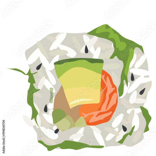 Salmon and avocado sushi roll with sesame seeds isolated on white background.