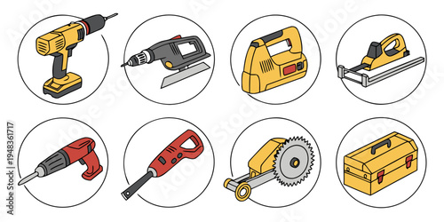 collection of power tools on a white background Vector