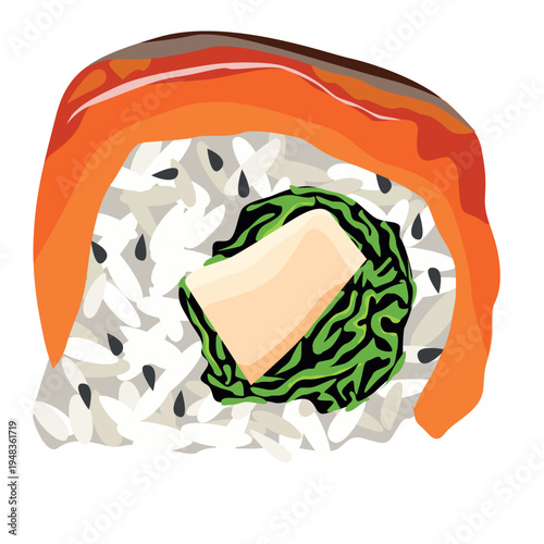 Salmon sushi roll with seaweed and cream cheese isolated on white background. Minimalist vector illustration of Japanese uramaki with sesame seeds for restaurant menu and food design