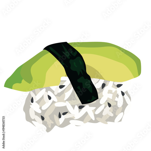 Avocado nigiri sushi illustration isolated on white background. Minimalist vector of vegan Japanese food, rice with sesame seeds, and nori seaweed for restaurant menu and web design.
