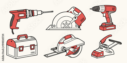 a collection of red and black power tools Vector