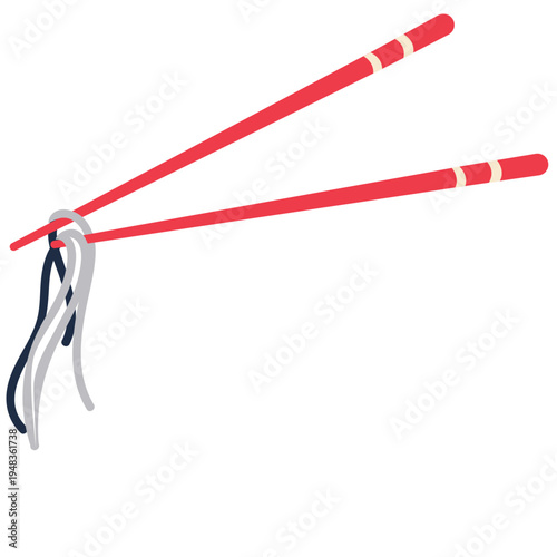 Red chopsticks holding long noodles isolated on white background. Minimalist vector illustration of Asian pasta, chow mein, ramen, or udon for Chinese food menu and restaurant design.