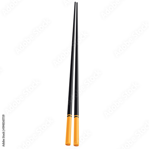 Elegant pair of black chopsticks with gold handles isolated on white background. Premium Asian dining utensils for luxury sushi restaurant, Japanese food culture, and menu design.