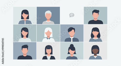 A grid of twelve diverse avatar video call frames includes an ON AIR bubble.