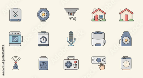 Flat icons depicting smart home devices and security elements