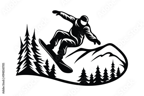 Excited snowboarder captured mid-jump, silhouette conveying motion and winter sport exhilaration
