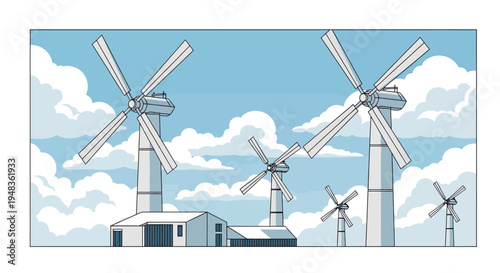 A wind farm with multiple turbines and buildings against a cloudy blue sky