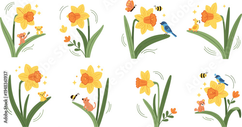 Cheerful Daffodil Flower Illustrations with Bees, Birds, and Cute Animals for Spring and Easter Designs