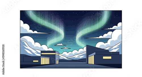 Modern buildings beneath a vibrant aurora borealis sky with snow-capped mountains