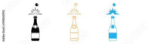 Sparkling sake bottles with explosive corks in black orange and blue