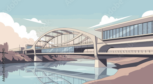 Modern arch bridge spanning river with glass buildings and reflected sky