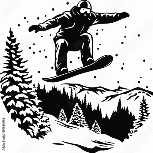 Graphic silhouette of a snowboarder performing a jump, symbolizing winter sports and action