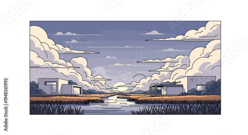 Modern homes nestled by a tranquil canal under a dramatic, cloudy sky