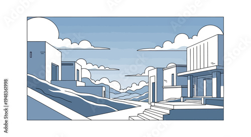 Stylized modern architecture with geometric buildings and flowing terrain under a cloudy sky
