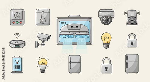 A collection of smart home devices and appliances shown as icons