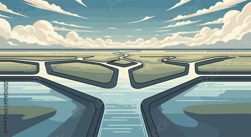 Stylized abstract landscape with intersecting water channels and dramatic clouds