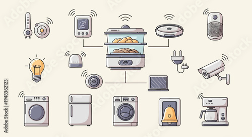 A colorful collection of smart home devices, appliances, and gadgets