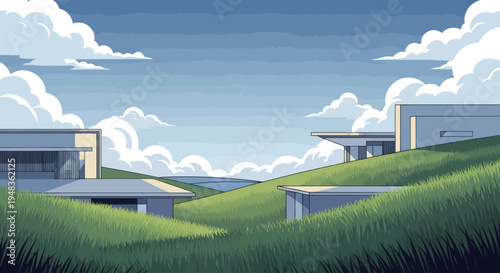 Minimalist homes on grassy hills under a cloudy blue sky