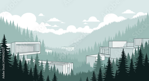 Modern structures blend into a misty forest landscape with stylized clouds