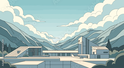Geometric buildings nestled in a valley beneath soft clouds and layered mountains