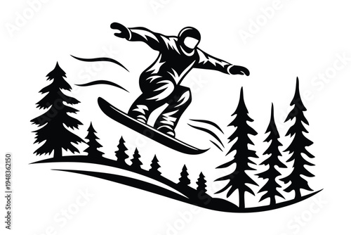 Dynamic silhouette of a snowboarder performing an aerial jump against a vibrant sky